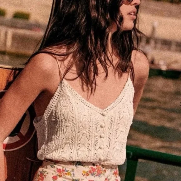 Sezane Francisco Cream Knit Crochet Cami Tank Top Size S - Picture 7 of 16